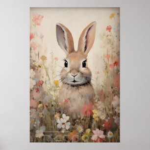 Paas Konijn Bloem Veld Afdruk, Cottagecore Poster