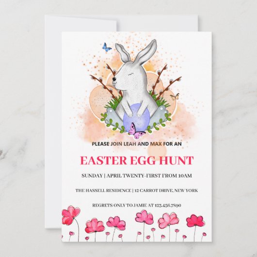 Paas Konijn, Bloemrijke Brunchen Eierspel Uitnodig Kaart (Voorkant)
