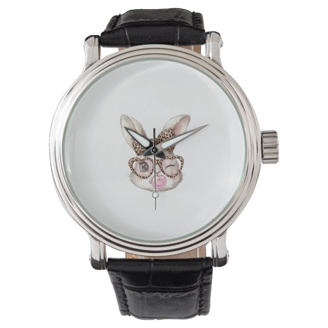 Paas Konijn Cute Bril Luipaard Konijn Konijn Eenvo Horloge (Voorkant)