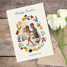 Paas Konijn Familie Foto Lente Groet met Bloemen Feestdagenkaart
