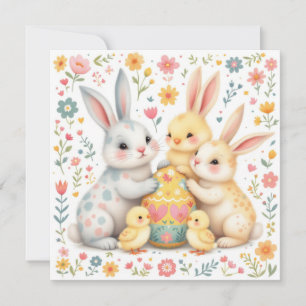 Paas Konijn Familie met Kuiken Vrienden Feestdagenkaart