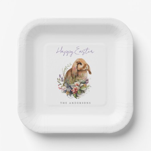 Paas Konijn met Bloemen Papieren Bordje (Voorkant)