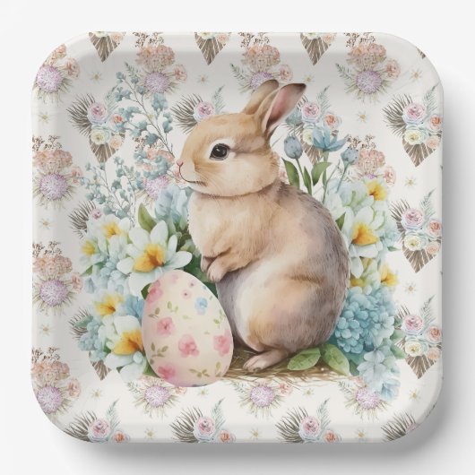 Paas Konijn Met Bloemen Papieren Bordje (Voorkant)
