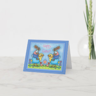 PAAS KONIJN RIJDENDE OP EEN CUTE KUIKEN IN BLAUW E FEESTDAGEN KAART