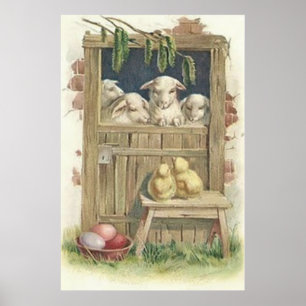 Paas Kuiken Lam Schuur Gekleurde Geschilderde Ei Poster
