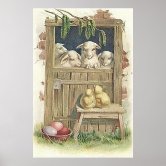 Paas Kuiken Lam Schuur Gekleurde Geschilderde Ei Poster (Voorkant)