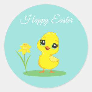Paas Kuiken met Bloem op Teal Ronde Sticker