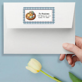 Paas Kuiken met Eieren op Blauwe Gingham Plaid Etiket