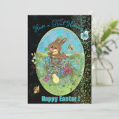Paas Kuikens en Konijn Zwarte Platte Feestkaart Feestdagenkaart (Staand voorkant)