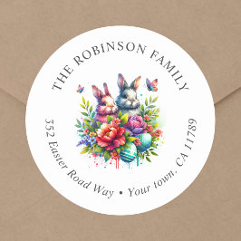 Paas retouradres met bloemenkonijn ronde sticker