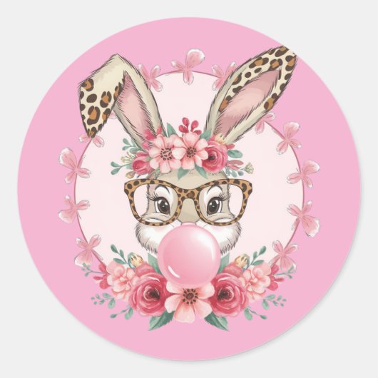 Paas Schattige Bloemen Bunny Luipaard Gift Ronde Sticker (Voorkant)