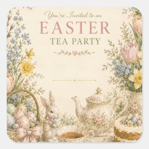 Paas Thee Party, Vintage Bloemencel celebratie Vierkante Sticker