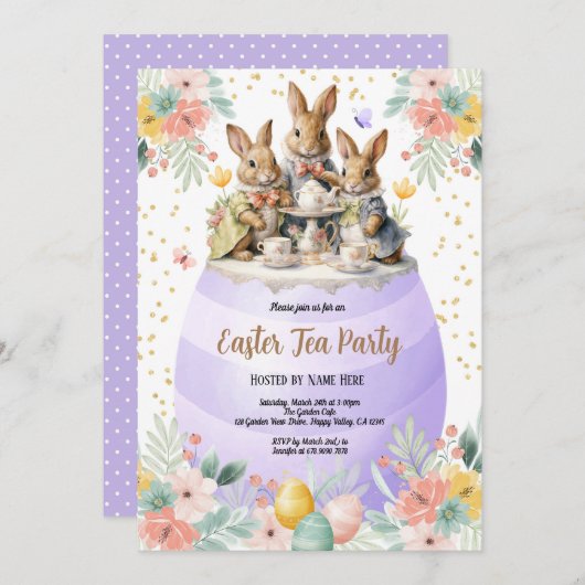 Paas Thee Party Waterverf Konijn Paars Pastel Kaart (Voorkant / Achterkant)