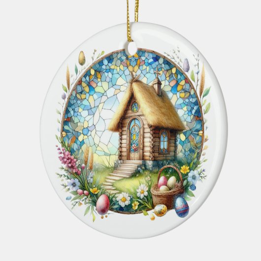 Paas Tiny Log Church Eggs Glas in lood Flowers Keramisch Ornament (Links)