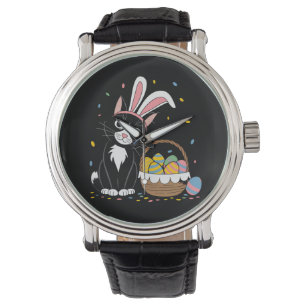 Paas Zwarte Kat Tuxedo Konijn Konijnenoren Eieren Horloge
