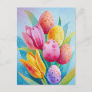 Paasansichtkaart met bloemen en paaseieren briefkaart