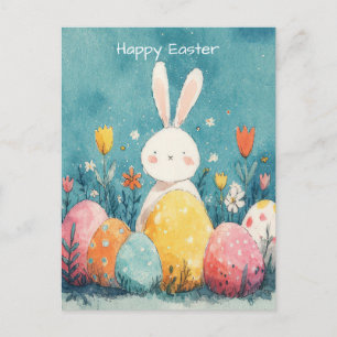 Paasansichtkaart met bloemen en paashaas briefkaart