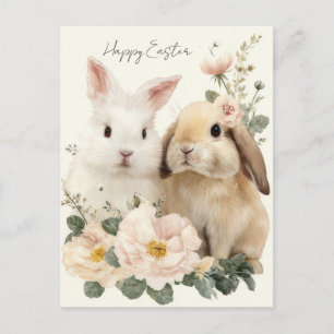 Paasansichtkaart met bloemen en paashaas briefkaart