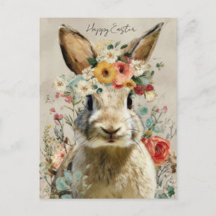 Paasansichtkaart met bloemen en paashaas briefkaart