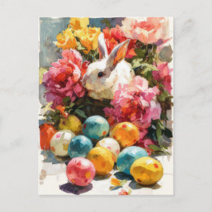 Paasansichtkaart met bloemen en paashaas briefkaart