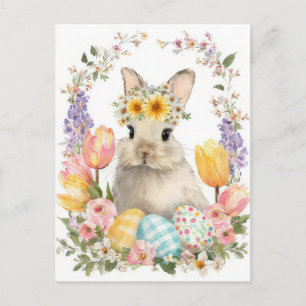 Paasansichtkaart met bloemen en paashaas briefkaart