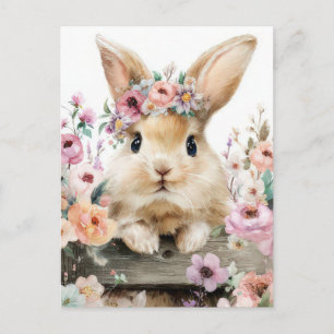 Paasansichtkaart met bloemen en paashaas briefkaart