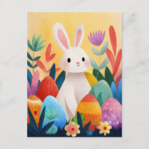 Paasansichtkaart met bloemen en paashaas briefkaart
