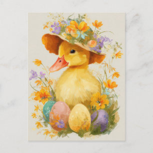 Paasansichtkaart met bloemen en paaskuiken briefkaart