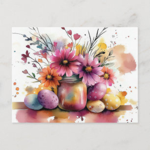 Paasansichtkaart met Paaseieren en Bloemen Briefkaart