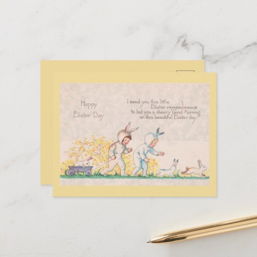  paasbaby's en Bunny Rabbits Cute Yellow Briefkaart (Voorkant / Achterkant in situ)