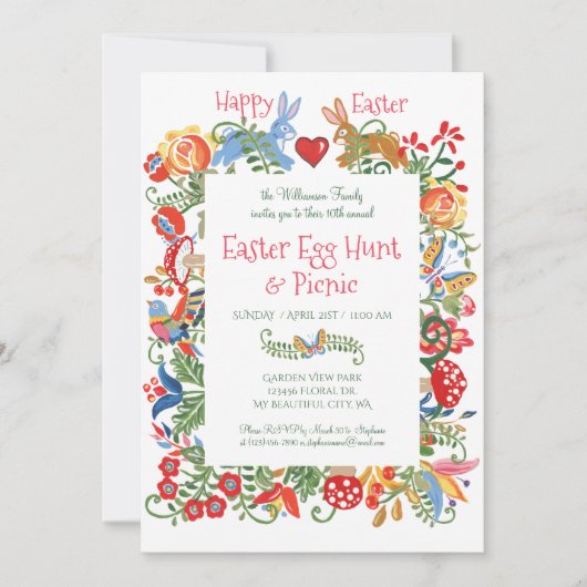 Paasblauw Folk Art Bunny Rabbit Gingham Egg Hunt Kaart (Voorkant)