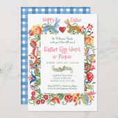 Paasblauw Folk Art Bunny Rabbit Gingham Egg Hunt Kaart (Voorkant / Achterkant)