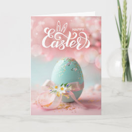Paasblauw paasei met lint en narcissen feestdagen kaart