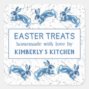 Paasblauwe konijnenkuin, gebitsgebak, aangepast vierkante sticker