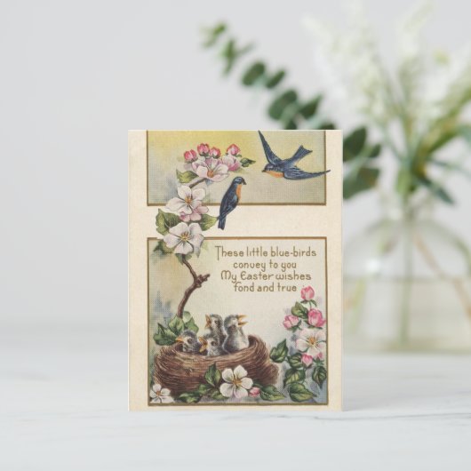  paasblauwe vogeltjes en nestgroeten feestdagenkaart (Staand voorkant)