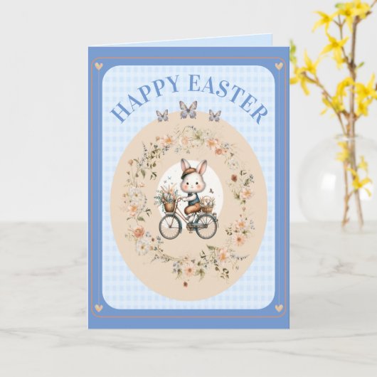  paasbloemenkonijn blauw gingham check kaart (Gele Bloem)