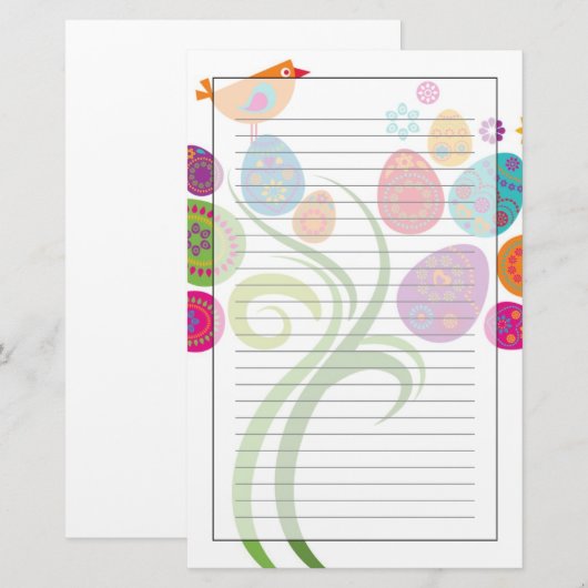 Paasboom met gekleurde eieren en bloemen briefpapier (Voorkant / Achterkant)