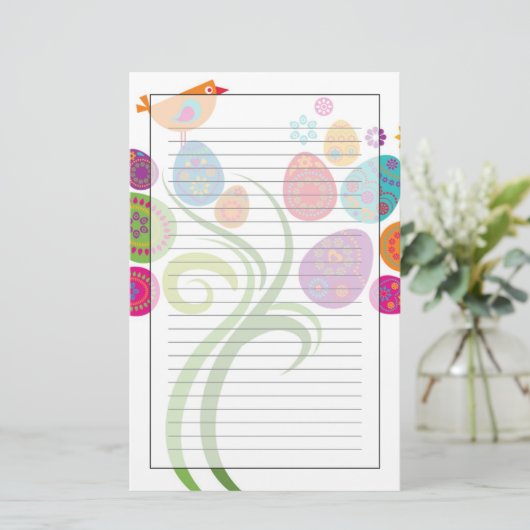 Paasboom met gekleurde eieren en bloemen briefpapier (Staand voorkant)