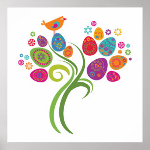 Paasboom met gekleurde eieren en bloemen poster