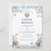 Paasbrunch & Egg Hunt Schattige Blauw Floral Bunny Kaart (Voorkant)