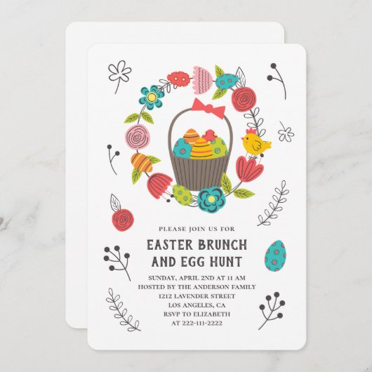 Paasbrunch. Eierjacht. Bloemenlente uitnodiging (Voorkant / Achterkant)