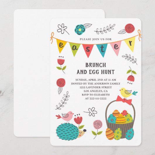 Paasbrunch. Eierjacht. Bloemenlente uitnodiging (Voorkant / Achterkant)