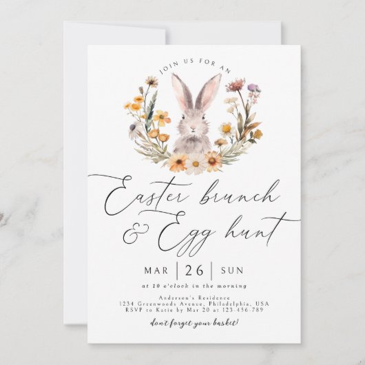 Paasbrunch Eierjacht Konijntje Wildbloem Bloemen Kaart (Voorkant)