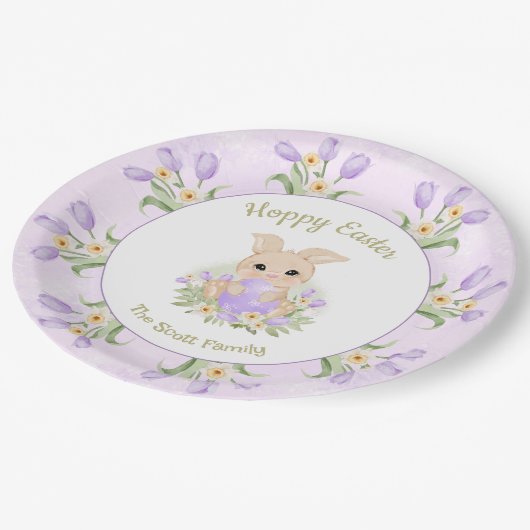 Paasbrunch Eierjacht Paarse Tulpen Konijnennaam Papieren Bordje (Gekanteld)