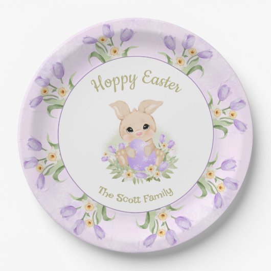 Paasbrunch Eierjacht Paarse Tulpen Konijnennaam Papieren Bordje (Voorkant)