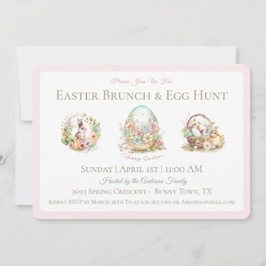 paasbrunch eierjacht roze uitnodiging (Voorkant)