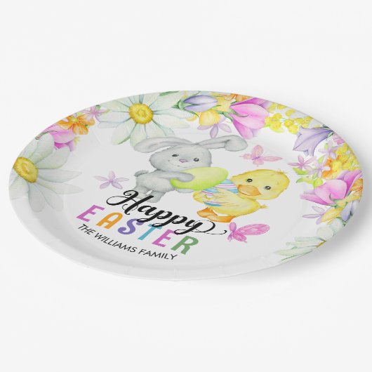 Paasbrunch & eierjacht Schattige konijn en kuiken Papieren Bordje (Gekanteld)
