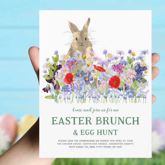 Paasbrunch Eierjacht Schattige Konijntje Bloemen Uitnodiging Briefkaart