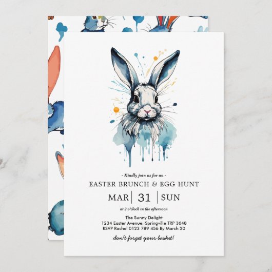 Paasbrunch & Eierjacht | Waterkleur Bunny Kaart (Voorkant / Achterkant)