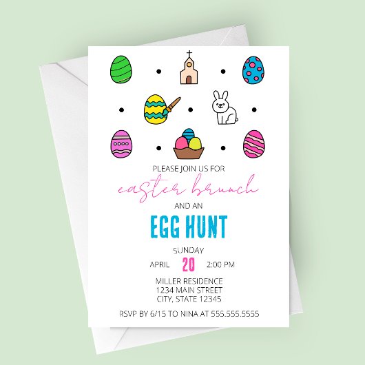 Paasbrunch en Egg Hunt Line Iconen Paasfeest Kaart